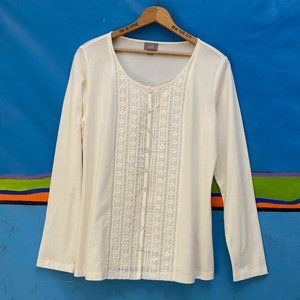J.Jill Ivory Button Front Top, w/ Lace, Pintuck Detail & Shell Buttons, Mint